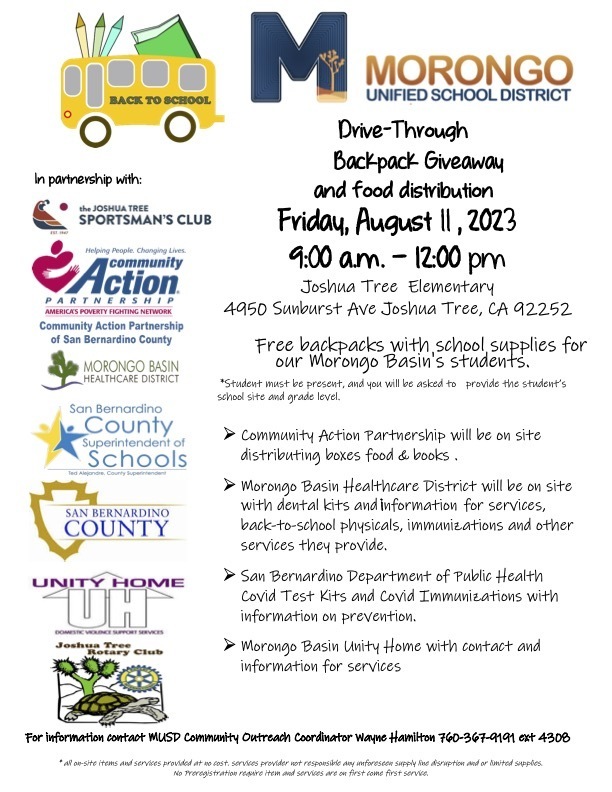 Backpack giveaway, August 11th 9-12 , Joshua Tree Elementary School
