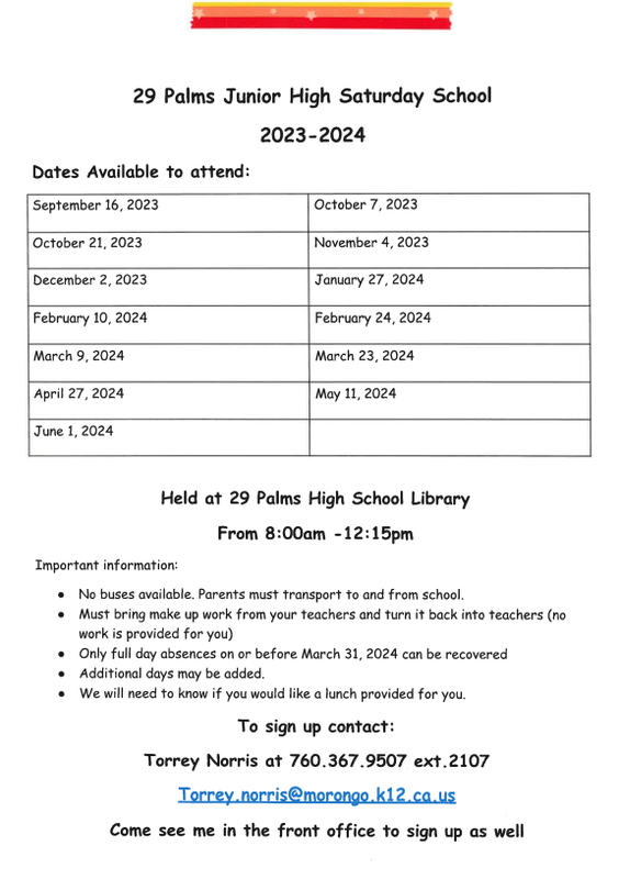 TPJHS Saturday School Schedule 202324 Twentynine Palms Junior High